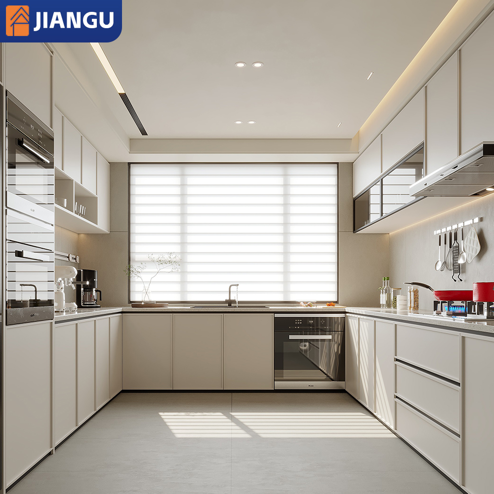 JIANGU Modern Design Wood Grain Texture Solid Wood Kitchen Cabinets for Villa