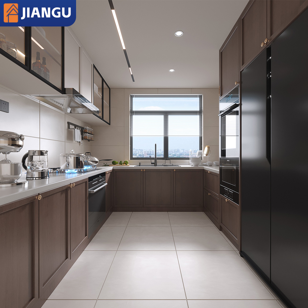 JIANGU Matt Lacquer European Style Ready Assemble Modular Islands Handless Laminated Modern Custom Kitchen Cabinet