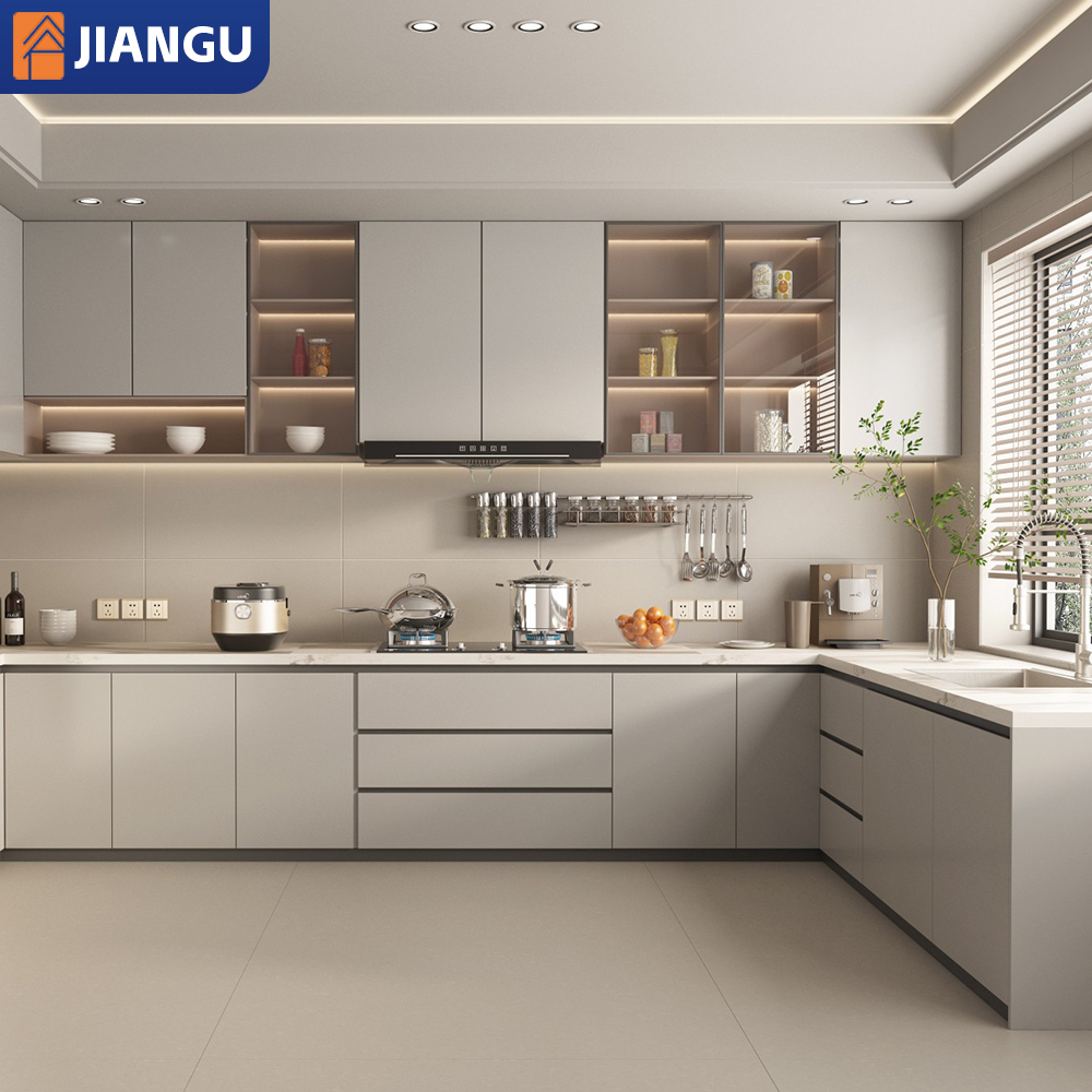 Smart Modular Customized Eco-Friendly Wooden Modern Kitchen Cabinet with Lighted Island Storage for Apartment