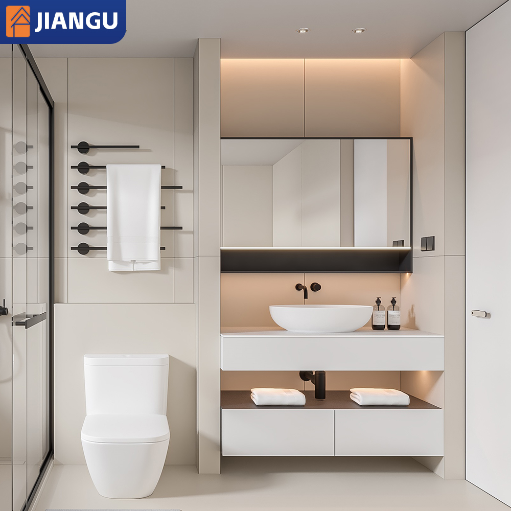 Luxury Modern Wall Mount Floating Bathroom Vanity Cabinet Wash Basin Modular Bathroom Furniture with Round Mirror and Sink