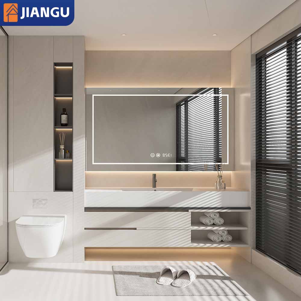 Modern Style Wooden Wall Floating Makeup Vanity Set Basin Slab Bathroom Vanities Storage Cabinet Plywood Material