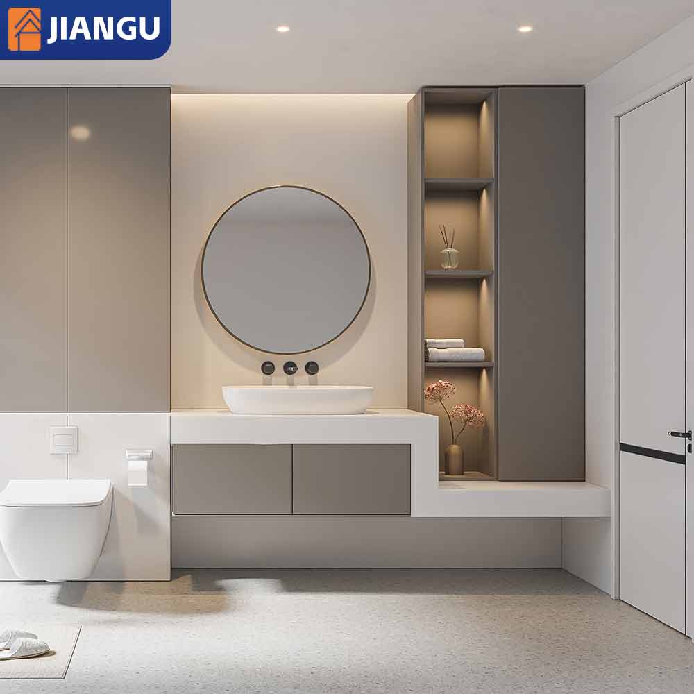Modern Style Wooden Wall Floating Makeup Vanity Set Basin Slab Bathroom Vanities Storage Cabinet Plywood Material