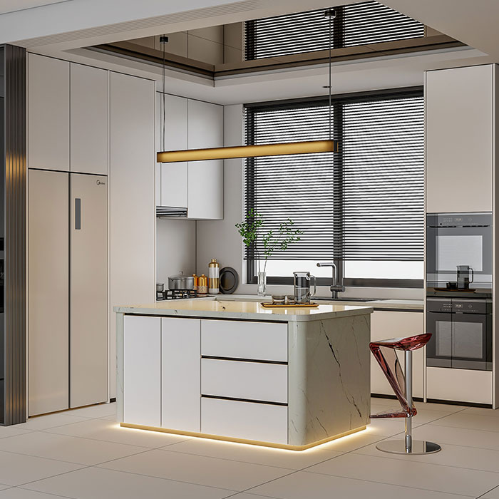 The minimalist American kitchen transforms everyday cooking into a romantic experience, featuring a dominant off-white palette with black accents and natural wood accents, creating a refined and sophisticated aesthetic.