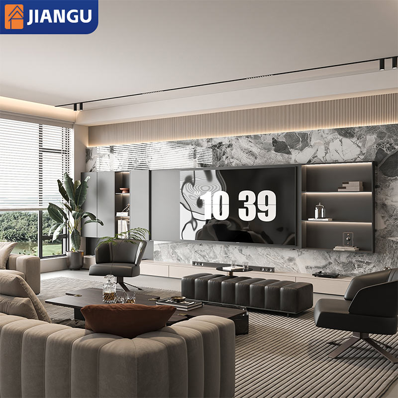 Minimalist Solid Wood TV Wall System - Custom Full-Wall Storage Unit for Living Room Whole House Integration