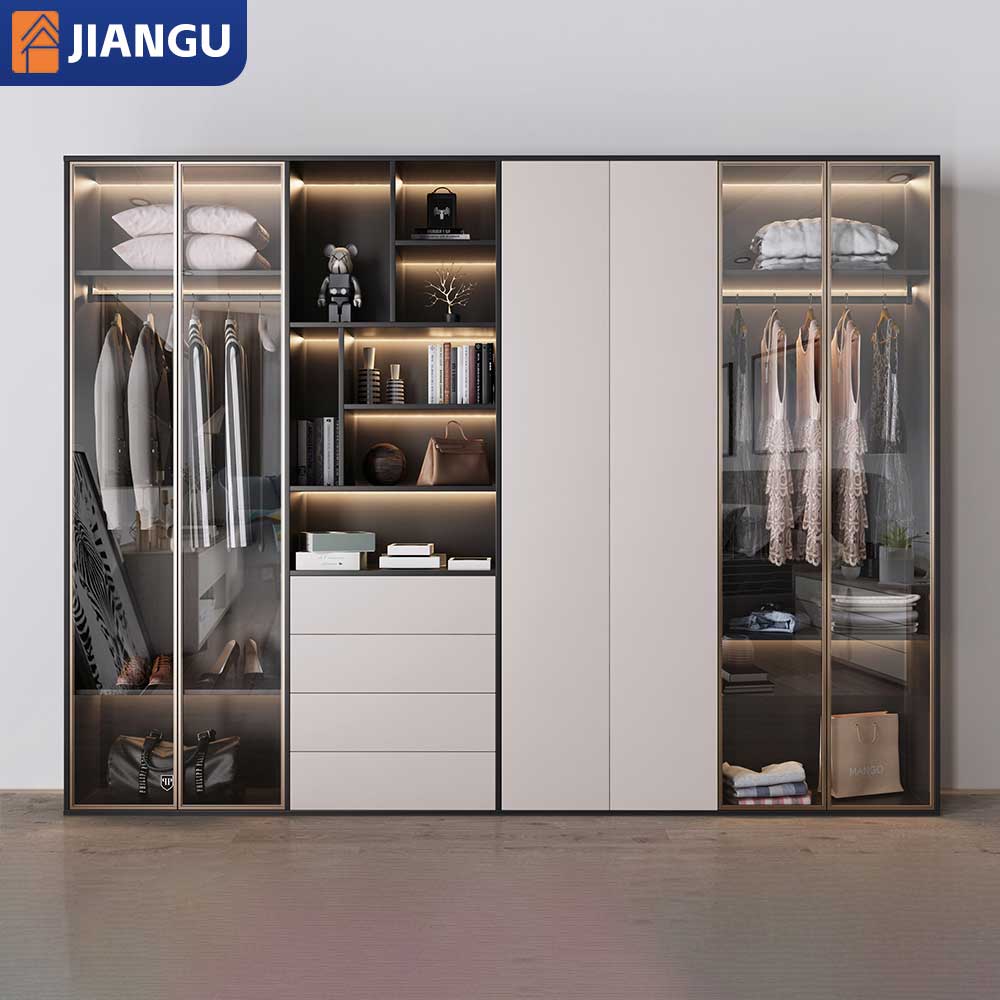 Durable Eco-Friendly MDF Built-In Closet Organizer Custom Size Color Space-Saving Wardrobe with Glass Doors Assembled for Villas